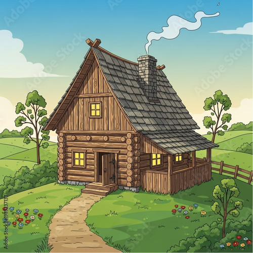 Pixel Art Log Cabin House Village Scene.