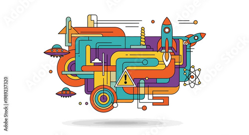 space, colorful futuristic illustration with rockets and UFOs