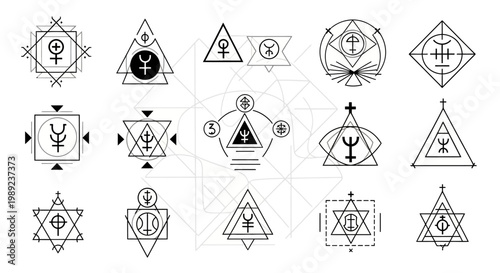 Set of Geometric Alchemy and Occult Symbols with Sacred Geometry