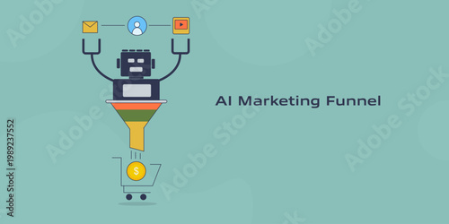 AI marketing agent delivers messages and content to customers, sales funnel with multi layer stages, cash flow through ecommerce shopping cart. 