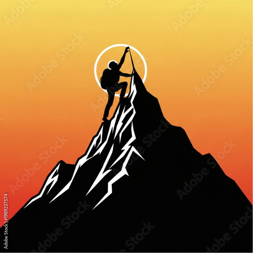 Silhouette Climber Reaching Mountain Peak.