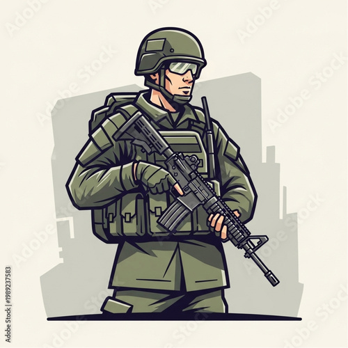 Soldier in Tactical Gear Holding Rifle.