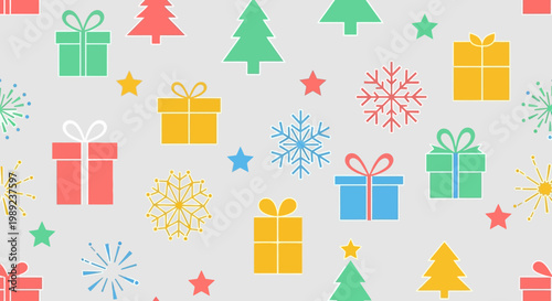 Seamless Christmas Pattern with Colorful Gift Boxes and Snowflakes
