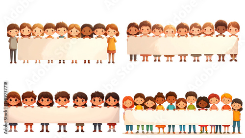 Set of Flat Vector Illustrations of Back to School Kids Standing Together Holding Blank Banner, Education Concept Featuring Students with Empty Copy Space, Learning Theme, School Promotion & Academics