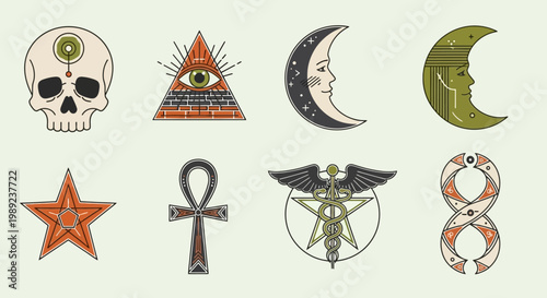 Set of Esoteric and Occult Symbols in Vintage Line Art Style