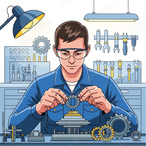 Mechanic Assembling Gear in Workshop Setting.