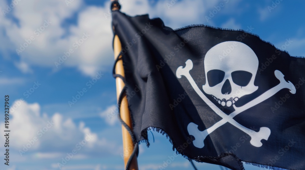 Fototapeta premium Black Pirate Flag with Skull and Crossbones Against a Bright Blue Sky Background