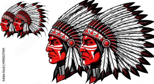 Native American chief mascot vector, indigenous warrior head with feather headdress, red skin tribal leader profile for sports team logo