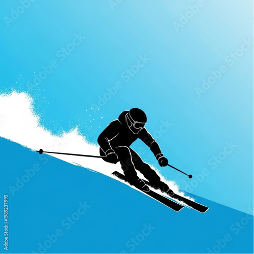 Man Skiing Down Snowy Slope Silhouette.