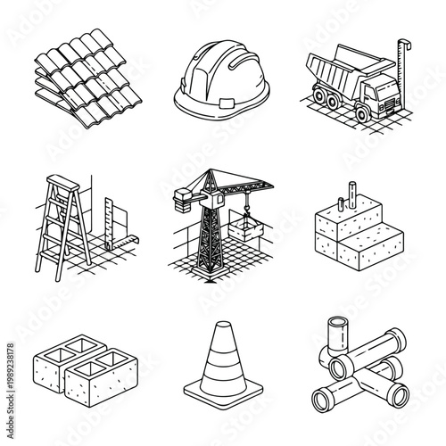 This collection of hand-drawn isometric icons features various construction elements, including tools, materials, and heavy machinery in line art.