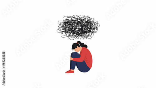 Woman Sitting with Tangled Scribble Representing Mental Anxiety