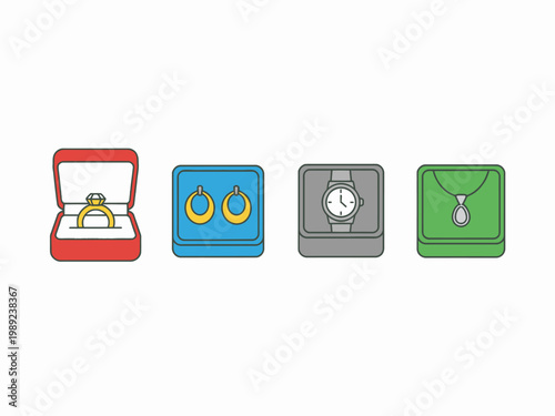 Jewelry set icons of ring earrings watch and necklace in boxes