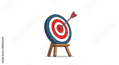 Success and high achievement concept featuring a red dart hitting the bullseye of a large target board standing on a wooden easel.