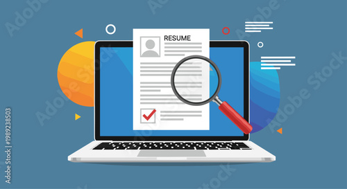 Online recruitment and job search concept showing a resume document on a laptop screen being inspected by a magnifying glass.