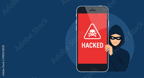 Cyber security threat and mobile hacking concept featuring a masked criminal holding a smartphone with a hacked warning screen.