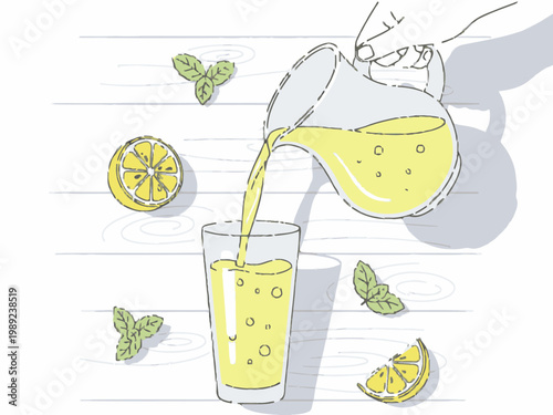 Lemonade pouring from pitcher into glass on wooden table vector