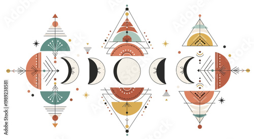 Boho Moon Phase Illustration with Geometric Shapes and Celestial Elements