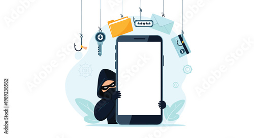 Illustration of mobile phishing attack where a cybercriminal steals sensitive user data and personal information from a smartphone.