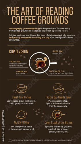 Art of Reading Coffee Grounds Vector Infographics. Practice Tasseography with Family.