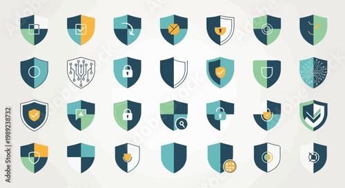 Set of Flat Design Cyber Security Shield Icons for Digital Protection and Data Safety