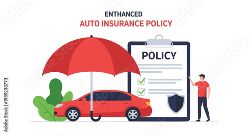 Comprehensive auto insurance policy concept featuring a red car protected by an umbrella next to a legal insurance document.