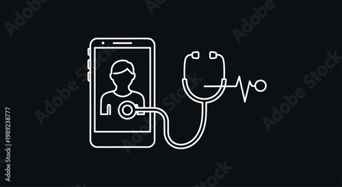 Telemedicine and digital health concept icon with a stethoscope monitoring a patient through a smartphone interface.