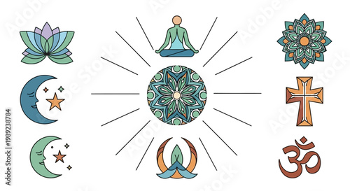 Spiritual Symbols Set with Mandala Lotus Moon Cross and Om Icon Collection