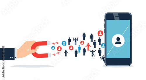 Digital marketing and lead generation concept showing a magnet attracting potential customers to a smartphone application.