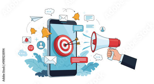Targeted mobile marketing concept featuring a megaphone and a bullseye on a smartphone screen for precise advertising.