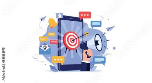 Mobile advertising and social media marketing strategy featuring a smartphone with a target and various communication tools.