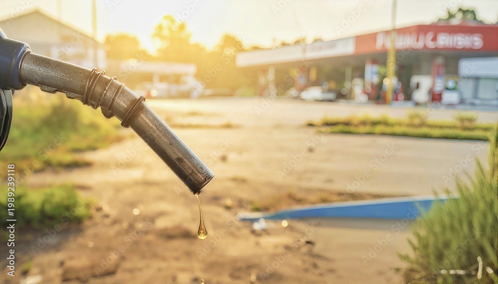 Naklejka premium A fuel nozzle drips a single drop of liquid against the backdrop of a blurred gas station at sunset. Highlights resource scarcity, energy costs, and the environmental impact of fuel.