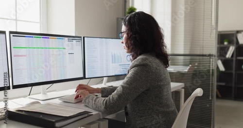 Woman analyst accountant at office computer analyzing spreadsheet. She checks figures on multiple monitors for accuracy and timely corporate reporting. Clear concept of financial data analysis.