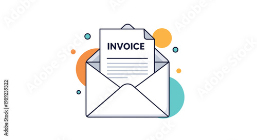 Digital invoice and billing concept featuring an open envelope with a legal payment document on a colorful background.