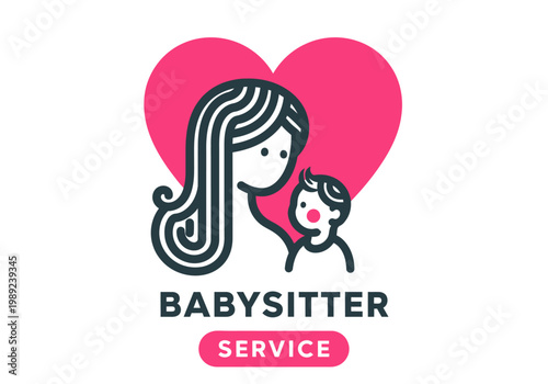 Professional Babysitter Service Logo Featuring a Minimalist Nanny and Child Illustration with a Pink Heart