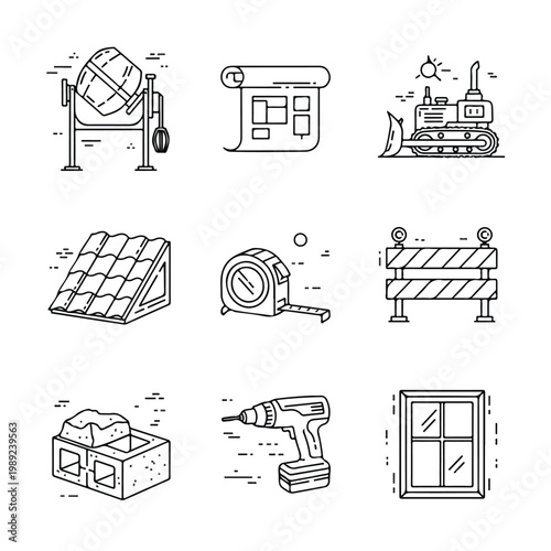 A collection of nine black and white line art icons depicting various construction tools, materials, and machinery for building projects.