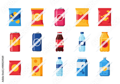 Flat Vector Illustration Set of Snacks and Drinks: Chips, Soda Cans, Water Bottles, and Packaged Food Icons Isolated on White