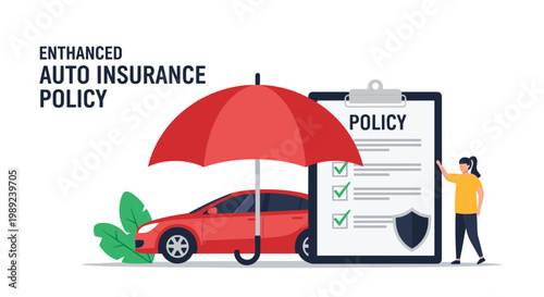 Enhanced auto insurance policy illustration featuring a red car under a protective umbrella next to a verified policy checklist.