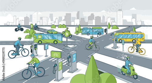 Sustainable urban transport vector illustration, eco-friendly city traffic with electric buses and bicycles, green mobility infrastructure with EV charging stations