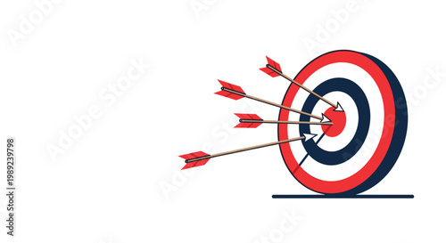 Achieving business goals and hitting targets shown by several arrows successfully landing in the bullseye and inner rings of a target.