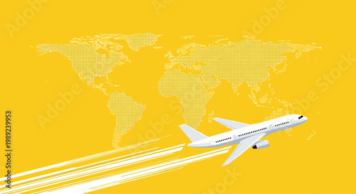 Global travel and international aviation concept featuring a white airplane taking off against a yellow world map background.