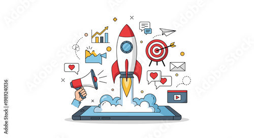 Integrated digital marketing strategy for a mobile app launch featuring a rocket taking off from a tablet surrounded by growth icons.