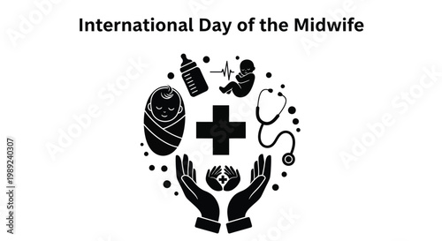 International Day of the Midwife celebration with newborn baby and medical symbols illustration