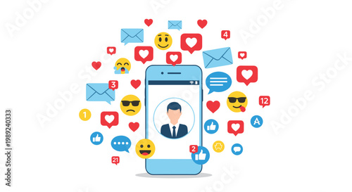 Global social media connectivity concept with a smartphone user profile at the center of various notification icons for likes and hearts.
