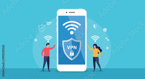 Secure internet browsing and privacy protection using a VPN mobile application shown with a protective shield on a smartphone screen.