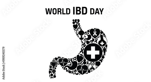 World IBD Day vector graphic illustration with medical symbols and a large cross