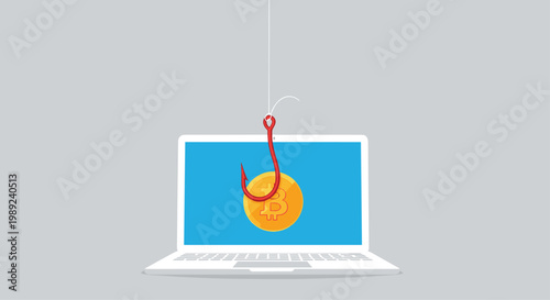 Cybersecurity alert for cryptocurrency phishing scams featuring a Bitcoin coin on a fishing hook above an open laptop screen.