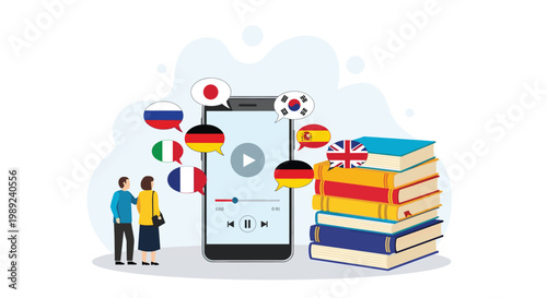 Language learning mobile application concept featuring various world flags in speech bubbles, a smartphone screen, and a stack of books.