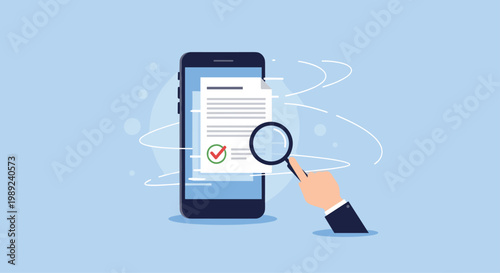 Digital document verification and mobile approval process shown with a magnifying glass inspecting a paper on a smartphone screen.