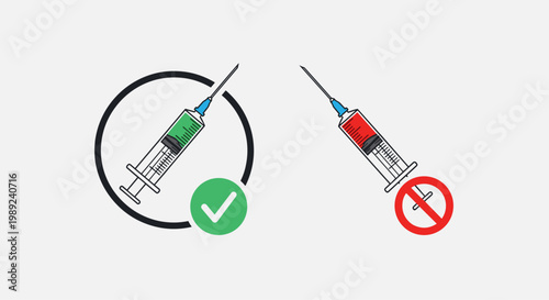 Medical syringes comparison with green check for safe vaccination and red cross for dangerous substance symbolizes health safety standards.