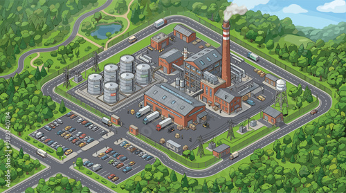   
Industrial plant isometric illustration, factory complex with smokestack, fuel tanks, chemical storage, cooling tower, vehicles, workers, forest surroundings